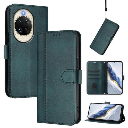 Funda de cuero retro con hebilla y empalme de líneas para Huawei Nova 14 (verde oscuro)