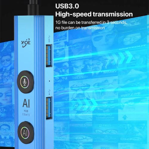 Adaptador concentrador USB 3.0 Tipo C YCE V295B 5 en 1 con IA (Azul)