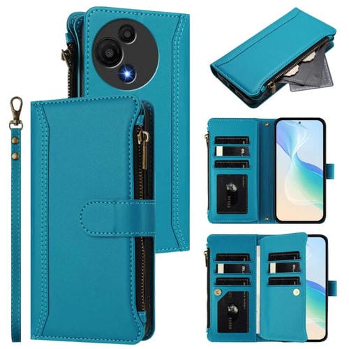 Funda de cuero con cierre magnético para TCL 605/60 SE, 9 ranuras para tarjetas, cremallera y correa de mano (turquesa)