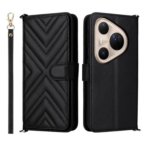 Funda de cuero multifuncional para Huawei Pura 80 Ultra 5G con 6 ranuras para tarjetas y correa para la muñeca (negra)