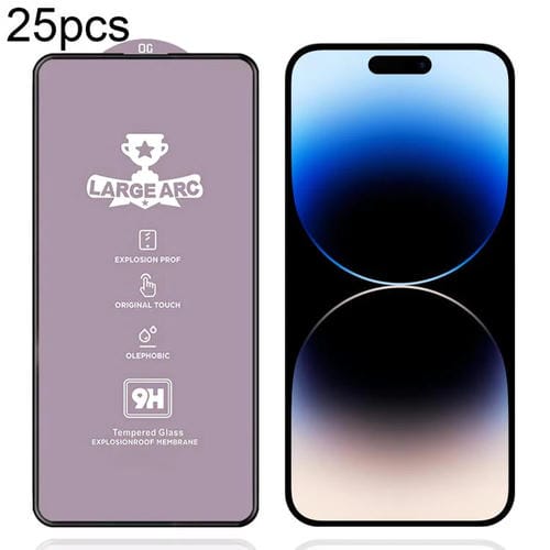 PelĂcula de vidrio templado de arco grande de aluminio de alta calidad de 0,4 mm y 9H para iPhone 14 Pro Max, 25 unidades