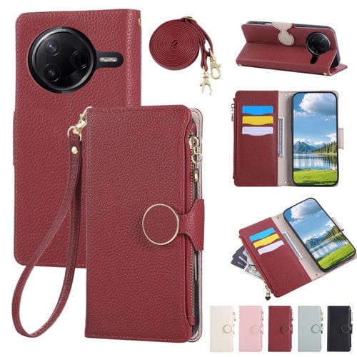 Funda de cuero con hebilla redonda y cremallera para Redmi K80/Poco F7 Pro, con correa cruzada (roja)