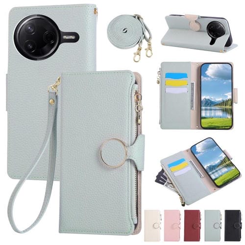 Funda de cuero con hebilla redonda y cremallera para Redmi K80/Poco F7 Pro, con correa cruzada (azul cielo)