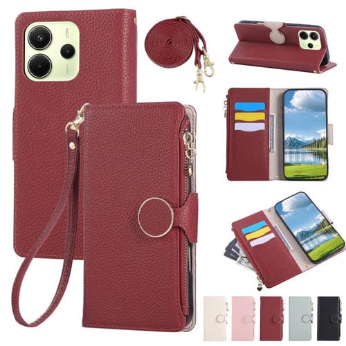 Funda de cuero tipo billetera con cremallera y hebilla redonda de 163,3 mm para Redmi Note 14 4G con correa cruzada (roja)
