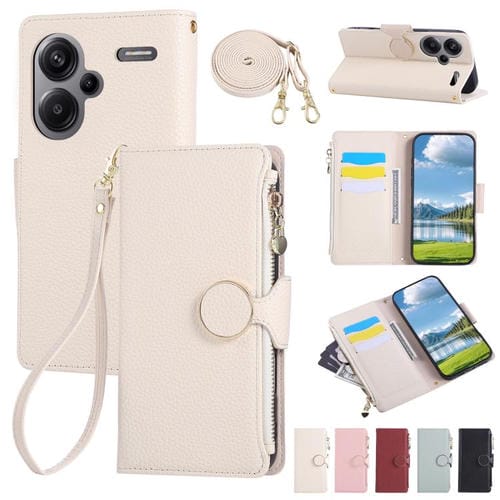 Funda de cuero tipo billetera con hebilla redonda y cremallera para Redmi Note 13 Pro+ con correa cruzada (blanca)