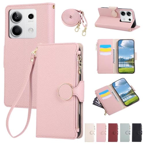 Funda de cuero con hebilla redonda y cremallera para Redmi Note 13 5G, con correa cruzada (rosa)