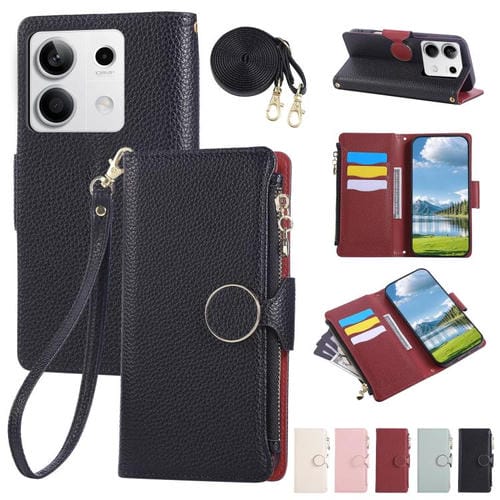 Funda de cuero con hebilla redonda y cremallera para Redmi Note 13 5G, con correa cruzada (negro)