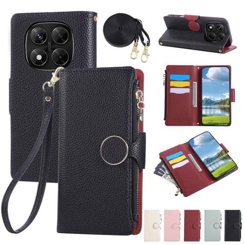 Funda de cuero con hebilla redonda y cremallera para Redmi Note 14 Pro 5G, con correa cruzada (negro)