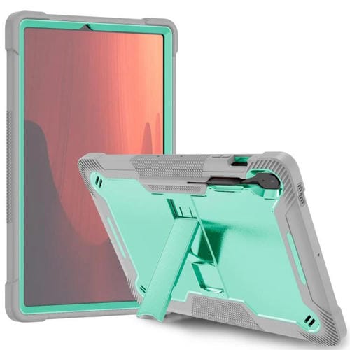 Funda híbrida de silicona a prueba de golpes para Samsung Galaxy Tab S10 FE+ con soporte (verde menta y gris)