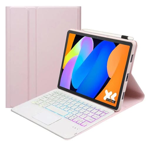 Funda ultrafina de cuero con teclado Bluetooth, retroiluminaciĂłn desmontable y panel tĂĄctil para Lenovo Xiaoxin Pad 11 2025 AM31-AS (rosa y blanco)