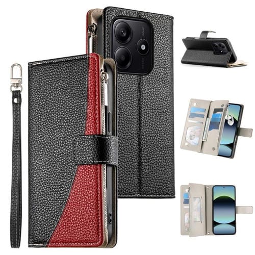 Funda de cuero con cremallera para Redmi Note 14 5G, con costuras globales y múltiples tarjetas, con correa corta (negra)