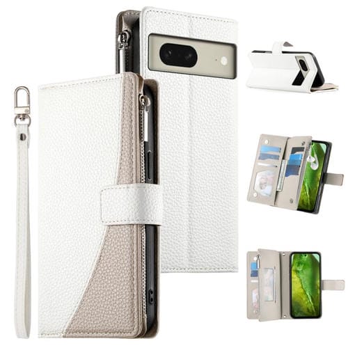 Funda de cuero con cremallera para Google Pixel 8, con múltiples tarjetas y correa corta (blanca)