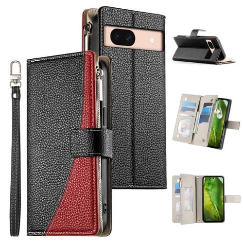 Funda de cuero con cremallera para Google Pixel 8a, con múltiples tarjetas y costuras, con correa corta (negra)