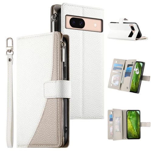 Funda de cuero con cremallera para Google Pixel 8a, con múltiples tarjetas y costuras, con correa corta (blanca)
