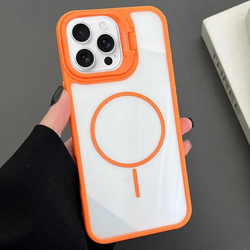 Funda magnética MagSafe para iPhone 16 Pro Max con soporte para lente de PC (naranja)