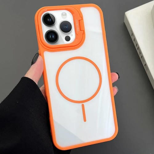 Funda magnética MagSafe para iPhone 15 Pro Max con soporte para lente de PC (naranja)