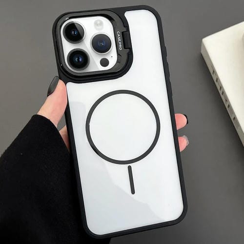 Funda magnética MagSafe para iPhone 15 Pro Max con soporte para lente de PC (negro)