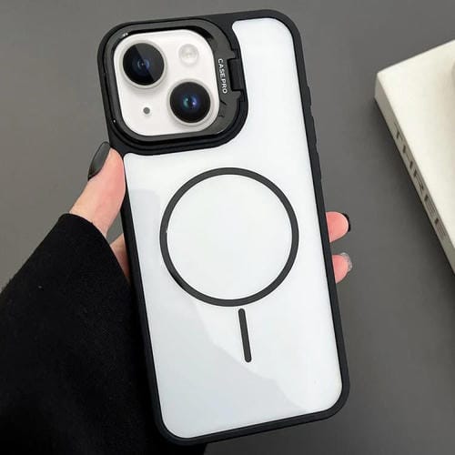Estuche magnético MagSafe para iPhone 14 Plus con soporte para lente de PC (negro)