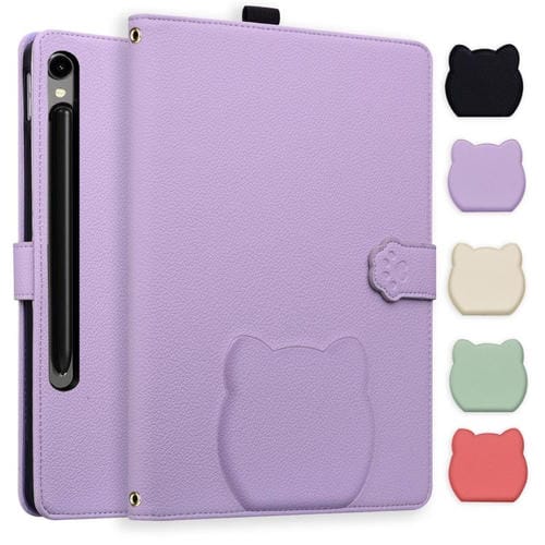 Funda de piel de lichi con tacto de gato para Samsung Galaxy Tab S10/S9/S9 FE (morada)