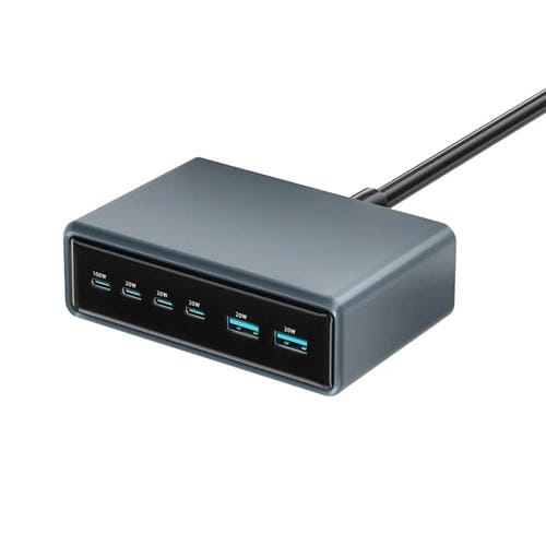 Cargador rápido de escritorio multifunción GaN de 200 W, 4 puertos USB-C/Tipo-C y 2 puertos USB-A. Enchufe: Reino Unido (gris plateado).