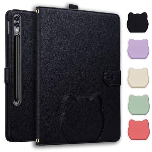 Funda de piel de lichi con tacto de gato para Samsung Galaxy Tab S10 Ultra/S9 Ultra (negra)