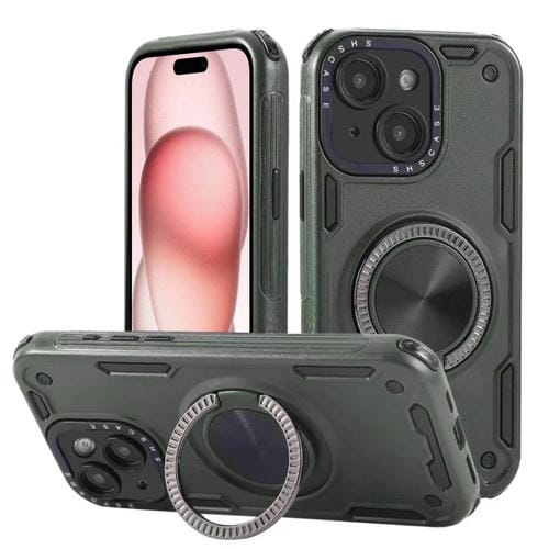 Funda magnética de tres núcleos con rotación de 360 grados para iPhone 15 (verde militar)