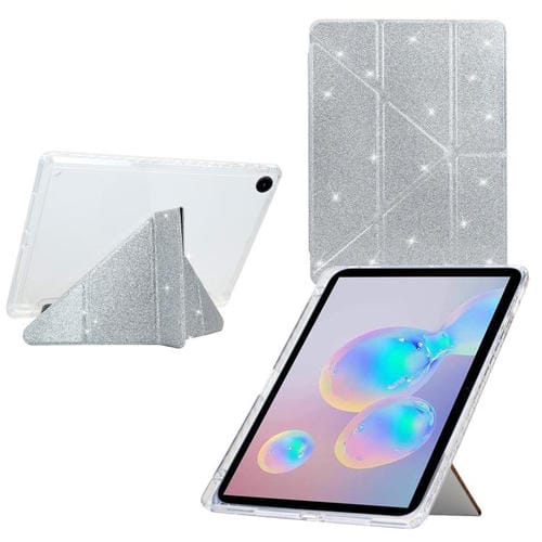 Funda plegable en Y de acrílico transparente con purpurina para Samsung Galaxy Tab A9+ (plateada)