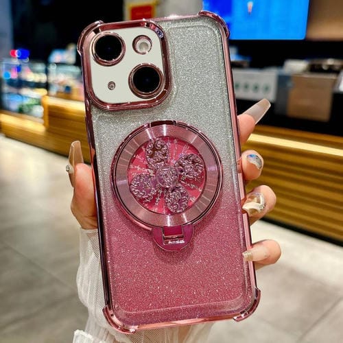 Funda con soporte giratorio para iPhone 14 con purpurina degradada (rosa)