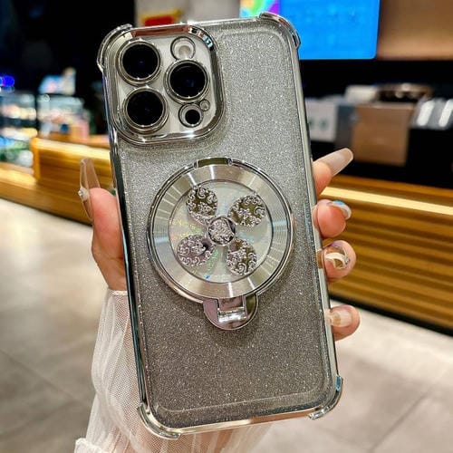 Funda con soporte giratorio para iPhone 16 Pro Max con purpurina degradada (plateada)