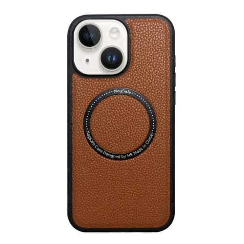 Funda trasera MagSafe de PU con textura de lichi para iPhone 14/13 (marrón)