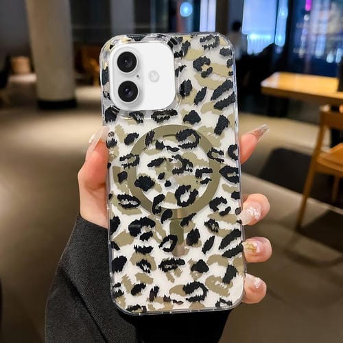 Funda Leopard MagSafe con laminado IMD de doble cara para iPhone 16 Plus (negro y marrón)