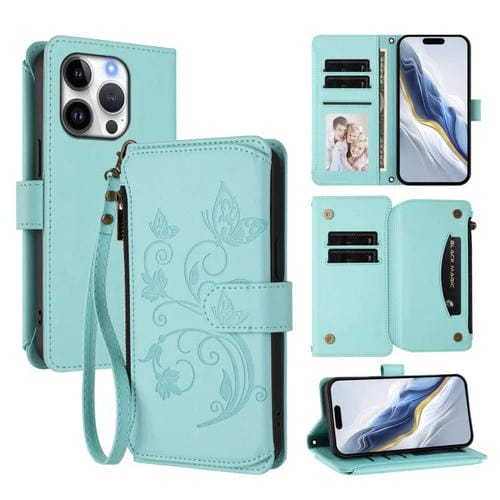 Funda de cuero con cremallera para iPhone 16 Pro Max, diseño de mariposas, flores y amor (verde menta)