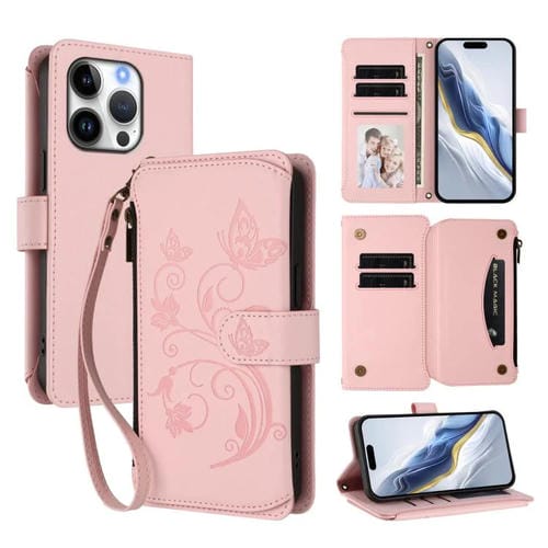 Funda de cuero con cremallera para iPhone 16 Pro, diseño de mariposas, flores y amor (rosa)