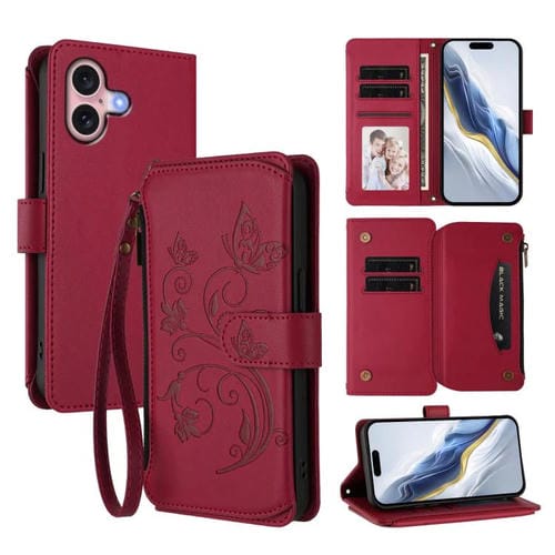 Funda de cuero con cremallera para iPhone 16 Plus, diseño de mariposas, flores y amor (rojo vino)