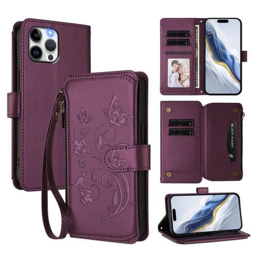 Funda de cuero con cremallera para iPhone 12 Pro Max, diseño de mariposas, flores y amor (morado oscuro)