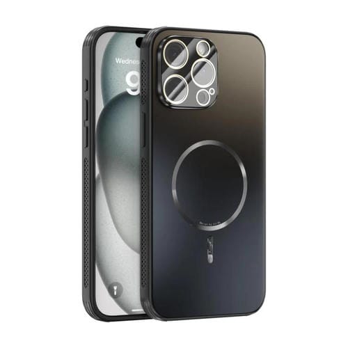Funda ABEEL MagSafe esmerilada con disipación de calor y película para lente para iPhone 15 Pro Max (negra)