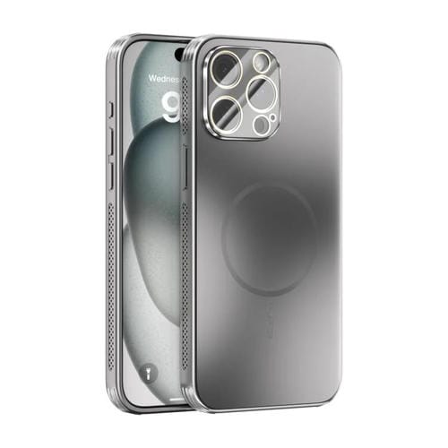 Funda ABEEL MagSafe esmerilada con disipación de calor y película para lente para iPhone 15 Pro Max (plateada)