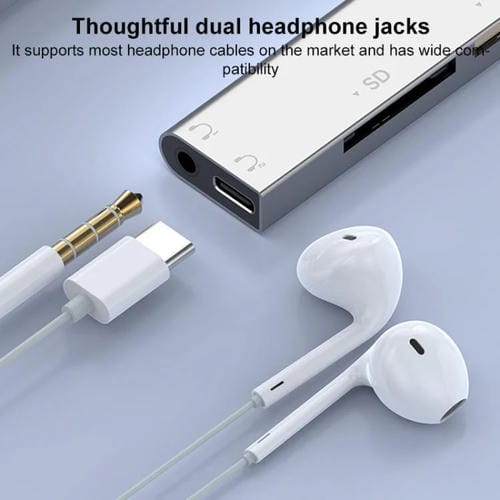 Lector de tarjetas USB Tipo C 8 pines a CF TF SD adaptador HUB 3,5 mm estación de acoplamiento 6 en 1 (Plateado)