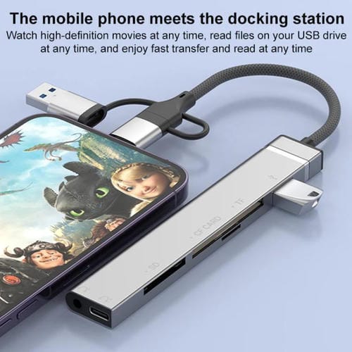 Lector de tarjetas USB Tipo C 8 pines a CF TF SD adaptador HUB 3,5 mm estación de acoplamiento 6 en 1 (Plateado)