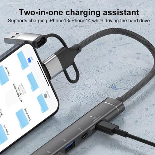 Adaptador concentrador USB Tipo C 8 pines a PD 2 USB 2 Tipo C estación de acoplamiento 5 en 1 (Gris)