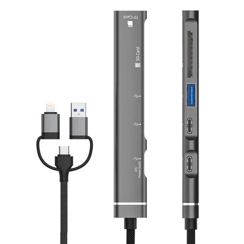 Adaptador USB Tipo C 8 pines a lector tarjetas TF SD concentrador estación acoplamiento 5 en 1 (Gris)