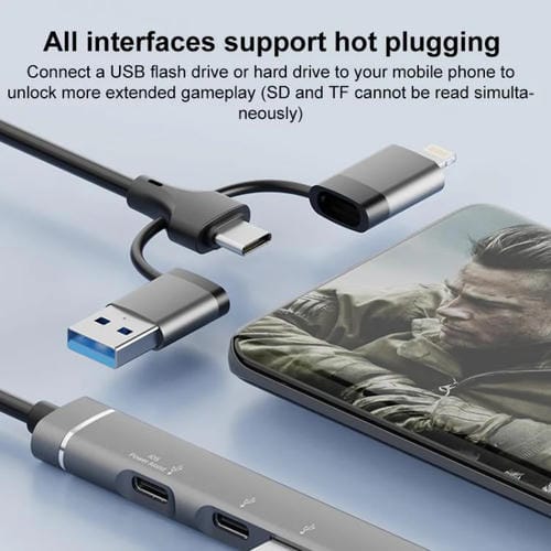 Adaptador USB Tipo C 8 pines a lector tarjetas TF SD concentrador estación acoplamiento 5 en 1 (Plateado)