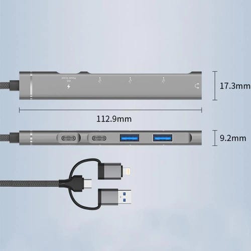 Adaptador concentrador USB Tipo C 8 pines a 3,5 mm PD 2 USB Tipo C estación de acoplamiento 5 en 1 (Gris)