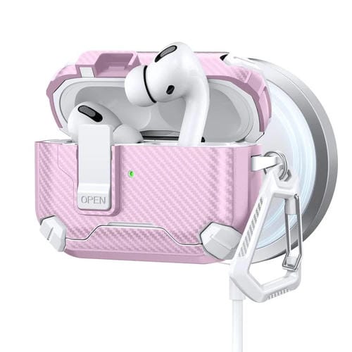 Estuche magnético MagSafe de dos colores con diseño de fibra de carbono para AirPods Pro (blanco y rosa)