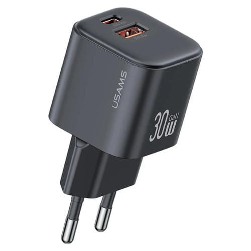 Cargador mini rápido USAMS CC263 de 30 W GaN USB-C/Tipo-C, con dos puertos USB, enchufe UE (negro)