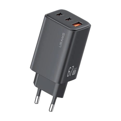 Cargador mini rápido USAMS CC265 de 67 W GaN, 2 puertos USB tipo C, con triple puerto, enchufe UE (negro)