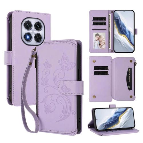 Funda de cuero con cremallera para Redmi Note 14 Pro 4G, diseño de mariposas, flores y múltiples tarjetas (morado claro)