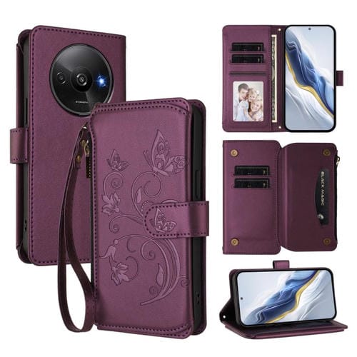 Funda de cuero con cremallera para Redmi A3 / A3x / Xiaomi Poco C61, diseño de mariposas y flores (morado oscuro)