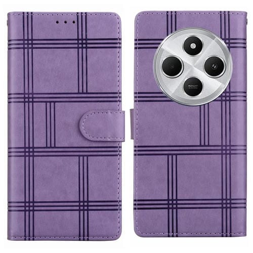 Funda de cuero con relieve a cuadros para Redmi 14C 5G (morada)
