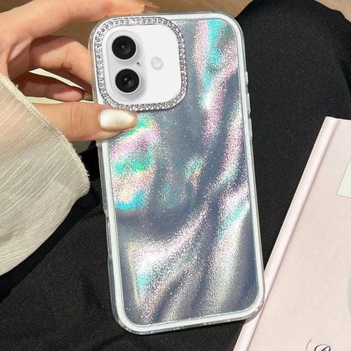 Funda 3 en 1 con diseño de arena movediza y marco de diamante para iPhone 16 (plateada)